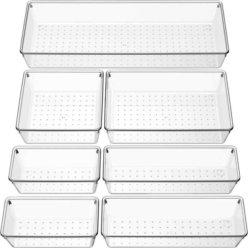 Criusia Clear Drawer Organizer 7 PCS - 5 Size Plastic Versatile Kitchen and Bathroom Organizer Trays, Non-Slip Storage Bins for Makeup, Utensils, Tool and Office Desk - Image 1